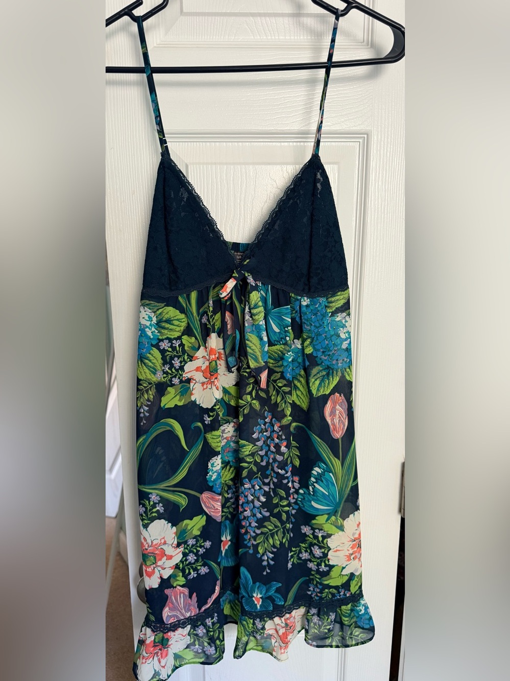 Ambrielle Navy Floral Lace-Top Chemise, Size Large